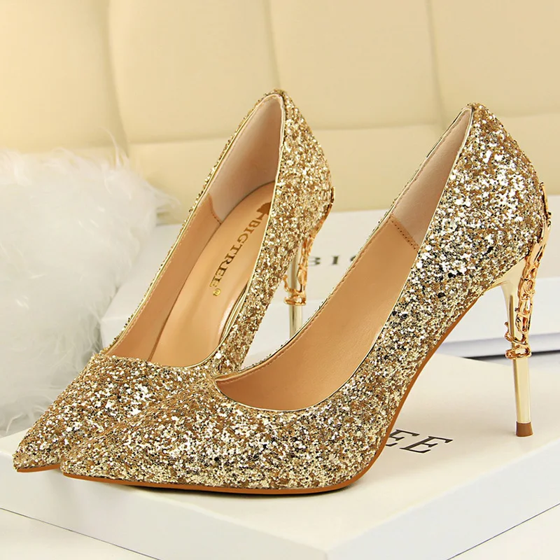 2023 Women 10cm High Heels Fetish Pumps Lady Glitter Sequins Gold Wedding Bride Heels Bling Luxury Brand Design Scarpins Shoes