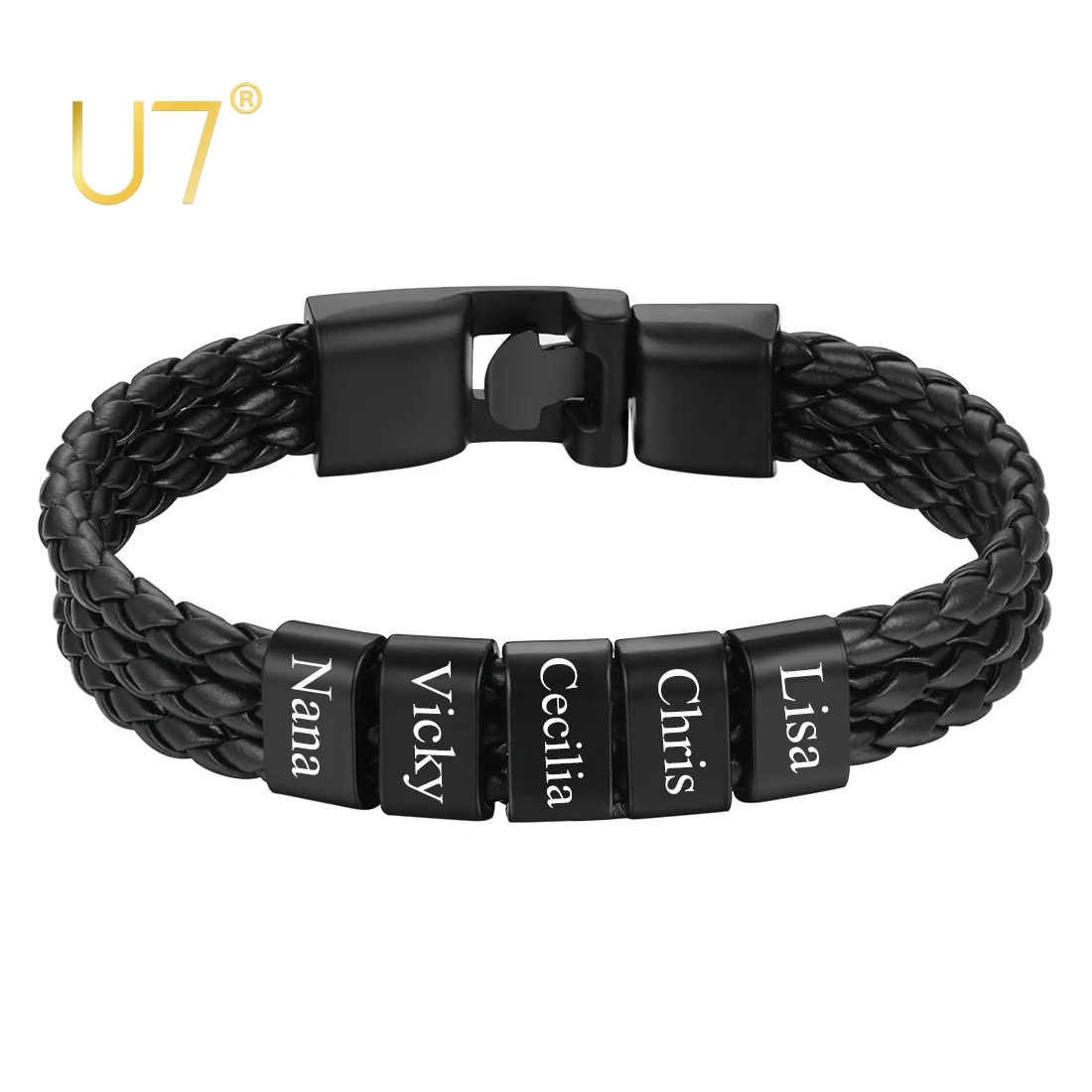 U7 Braided Leather Bracelet with Custom Engrave Bead 3-Layered Black Wax Leather Wristband Bracelet  2-5 Name Beads