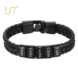 U7 Braided Leather Bracelet with Custom Engrave Bead 3-Layered Black Wax Leather Wristband Bracelet  2-5 Name Beads