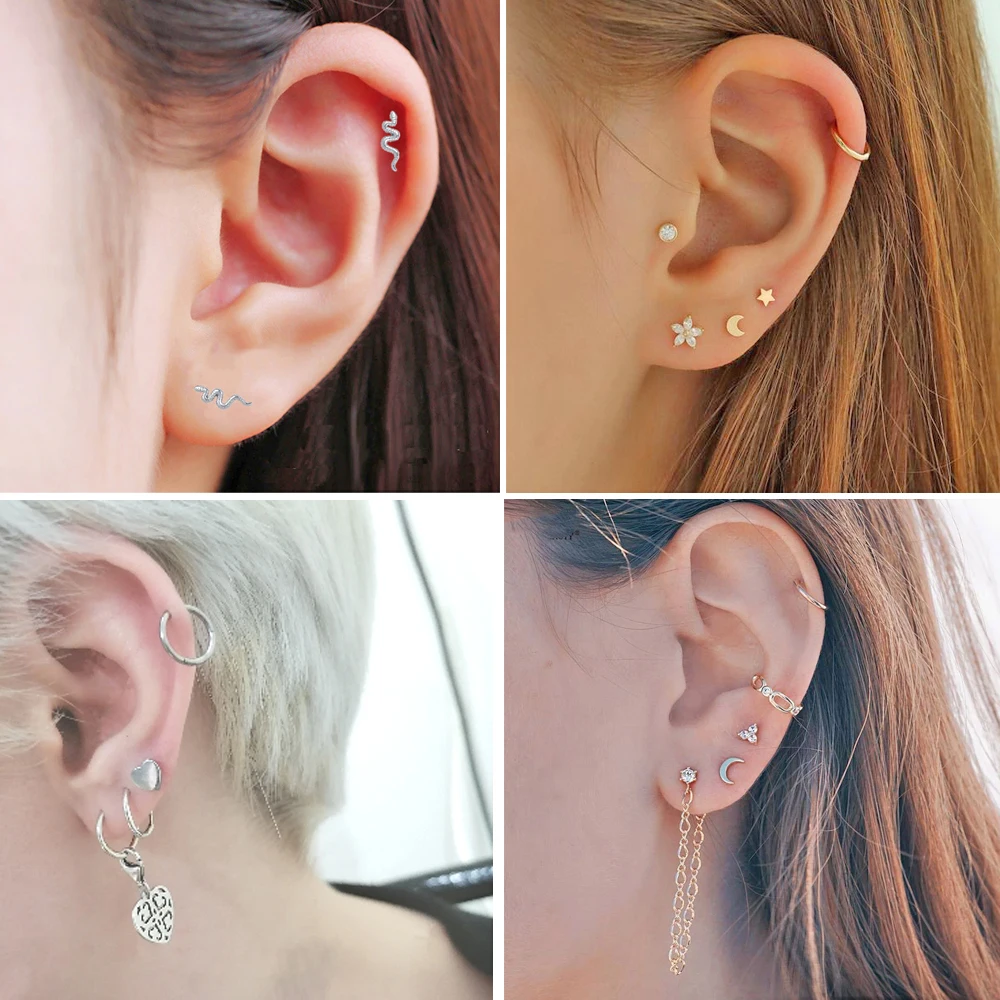 1PC 361L Surgical Steel Snake Ear Tragus Helix Cartilage Earrings Heart Moon Star Lobe Earring Helix Stud Body Piercing Jewelry