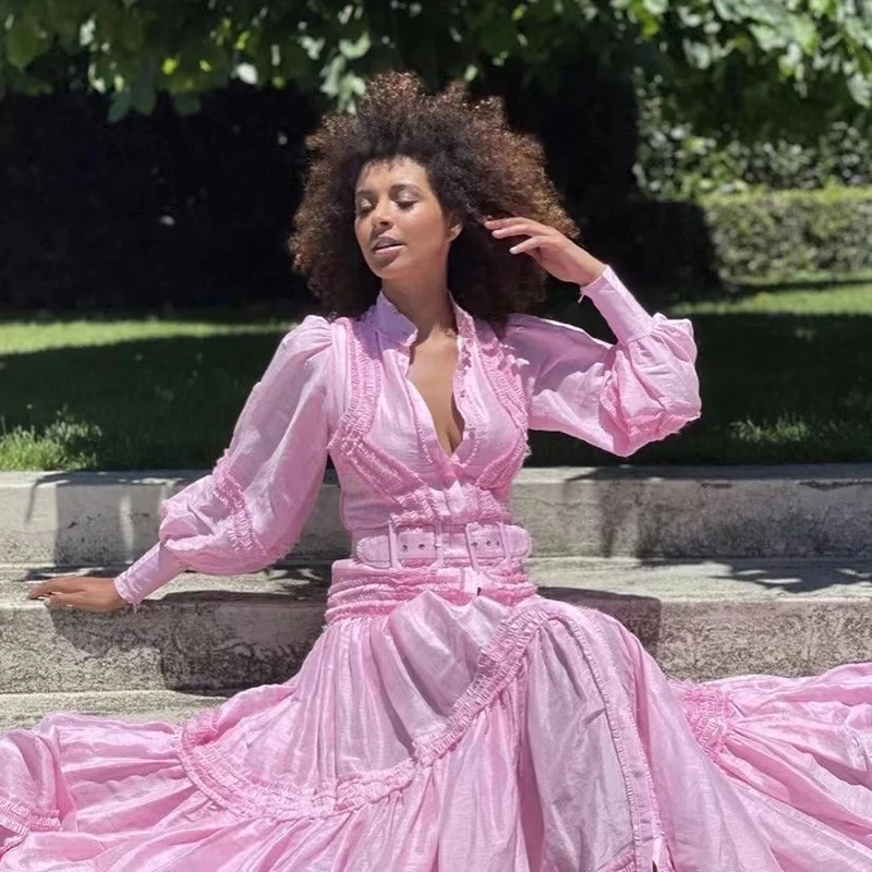 

S-XL Three Colors High Street New Summer Designer Dress Fashion Long Button Ruffle Dress And Belt Women'S Fashion