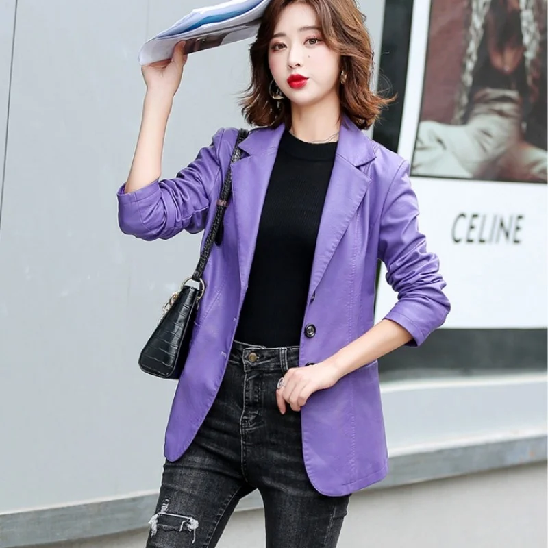 Business Women Casual Leather Suit Jacket Spring Autumn Solid Slim Fit Single Breasted Blazer Coat Office Ladies Classic Blazers