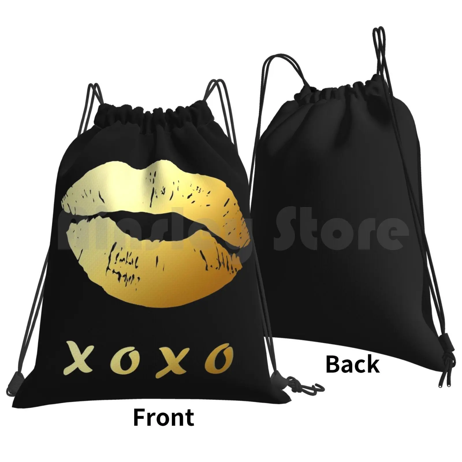 Gold Lips Xoxo Hugs And Kisses ( Black ) Backpack Drawstring Bag Riding Climbing Gym Bag Stylish Gold Lips Makeup Xoxo Hug