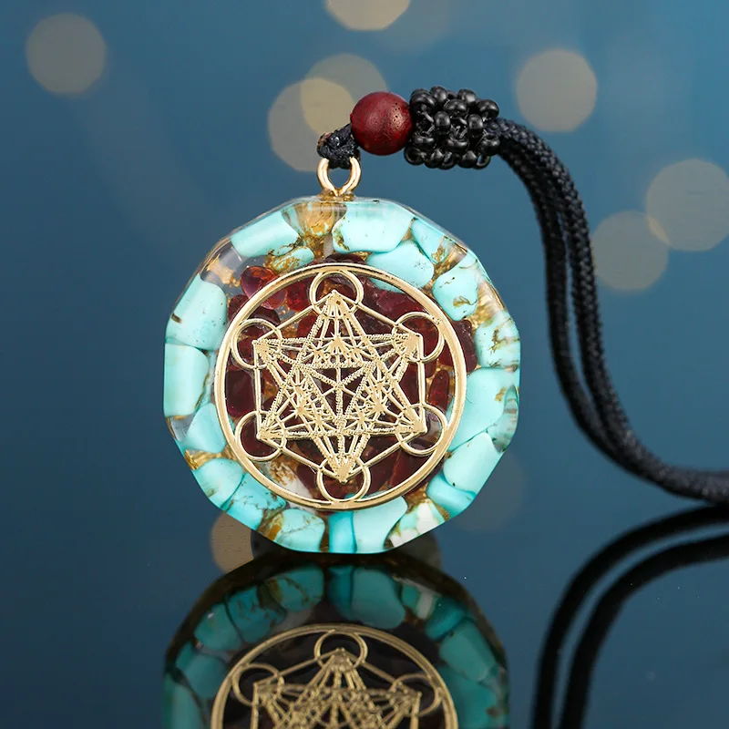 Orgonite Energy Lotus Pendant Necklace Turquoises Reiki Om Yoga Healing EMF Resin Sri Yantra Necklace Jewelry Gifts Dropshipping