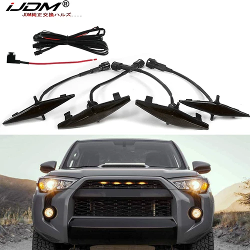 Juego de 4 piezas iJDM, lente ahumada, Kit de iluminación de rejilla delantera blanca ámbar para parrilla Toyota 4Runner TRD Pro 2014-2019, incluye 12V