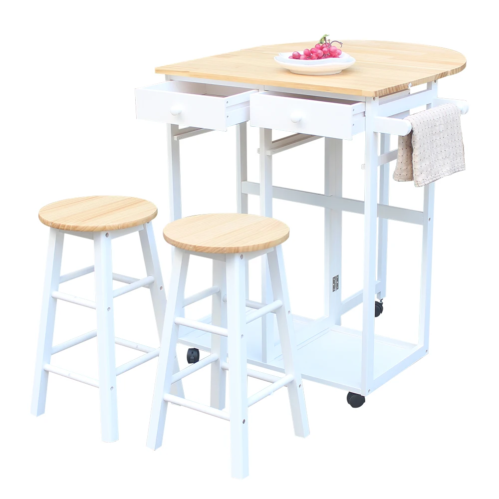 FCH Semicircle Solid Wood Folding Dining Cart with 2 Free Stools White  Kitchen Trolley Cart Dining Kitchen Organizer