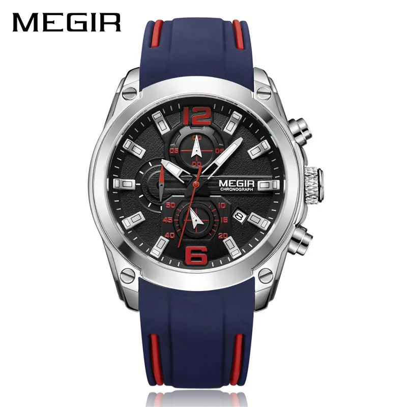 MEGIR Marke Neue männer Chronograph Quarzuhr Silikon Armband Wasserdicht Leucht Hände Datum Männer Armbanduhr Relogio Masculino