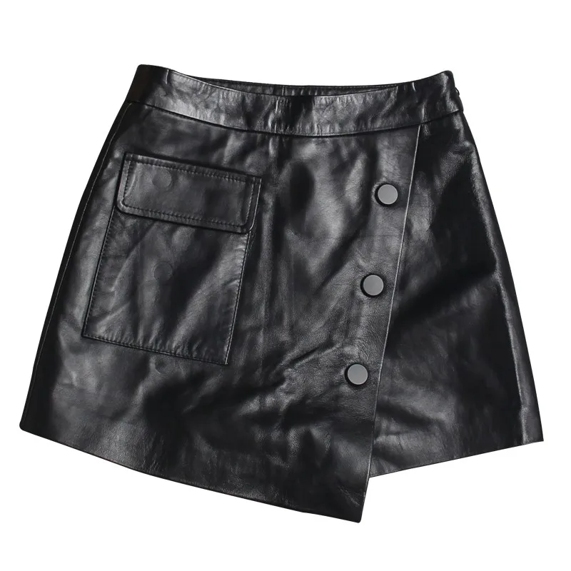 Top Quality Office Ladies Genuine Skirts Black Buttons High Waist Slim Fit Womens Wrap Sheepskin Leather Shorts