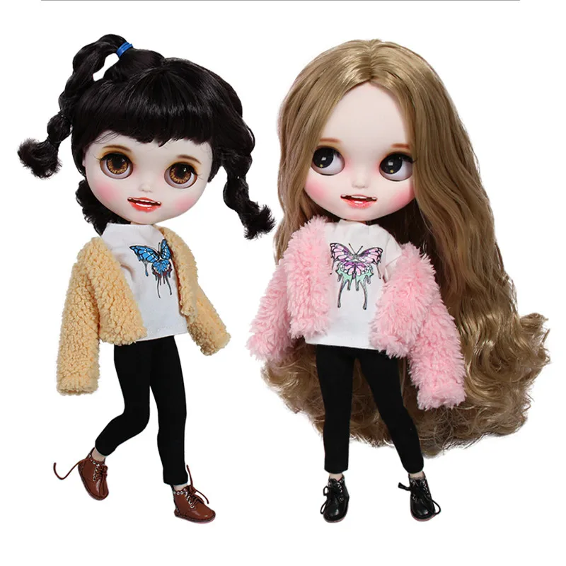 

DBS Blyth icy doll clothes Fluffy Coat with Butterfly T-shirt and Black Pants for the 1/6 JOINT body girl gift