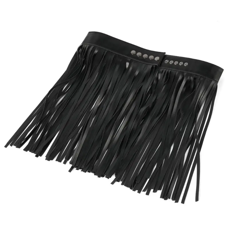 F3MD Womens High Waist Faux Leather Fringe Tassels Skirt Body Harness with Snap Buttons Halloween Party Punk Rock Costume Dress