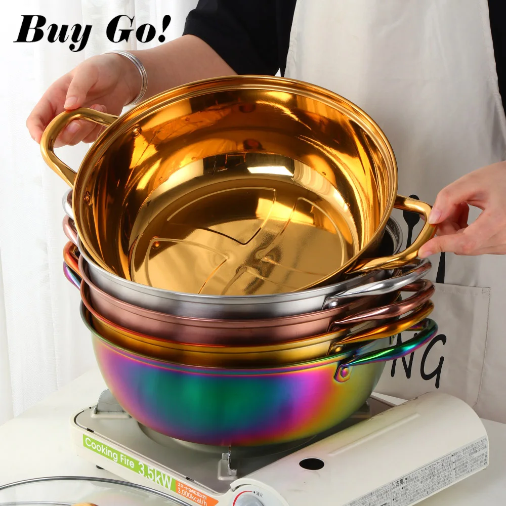 Durable Stainless Steel Copper Hot Pot Compatible Pot Home Kitchen Cookware Soup Table Cooking Pot with Glass Lid Twin Divided