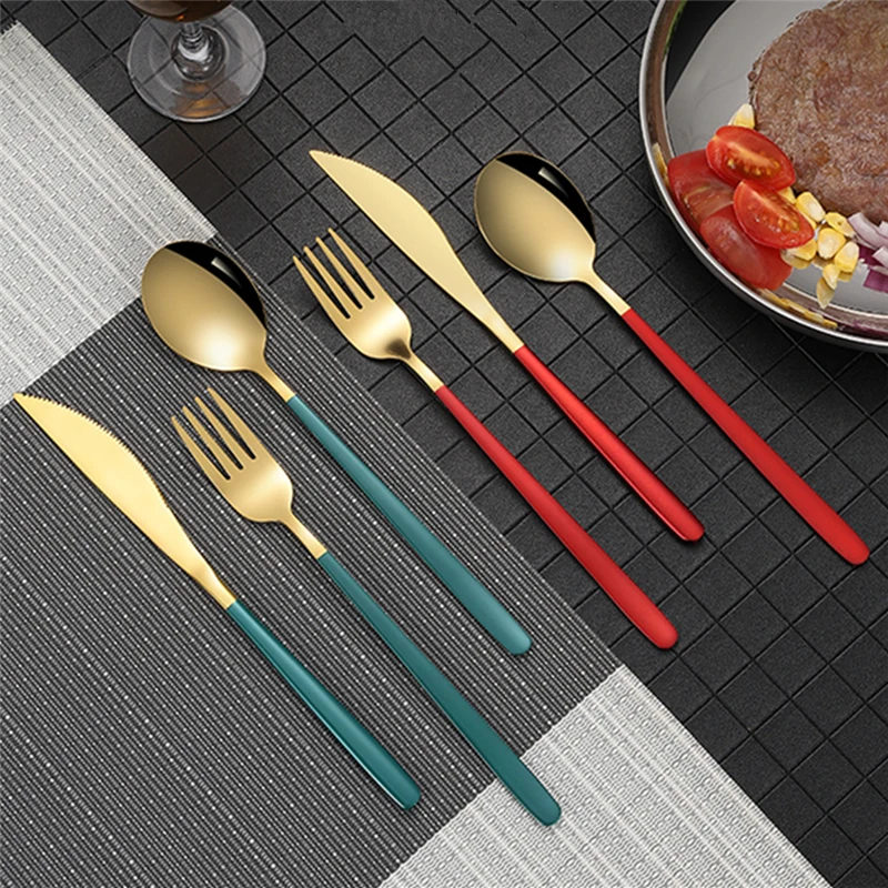 3Pcs/Set Stainless Steel Long Handle Mixing Spoons Fruit Steak Forks Knives Dinnerware Tableware Cutlery Set Kitchen Accessories