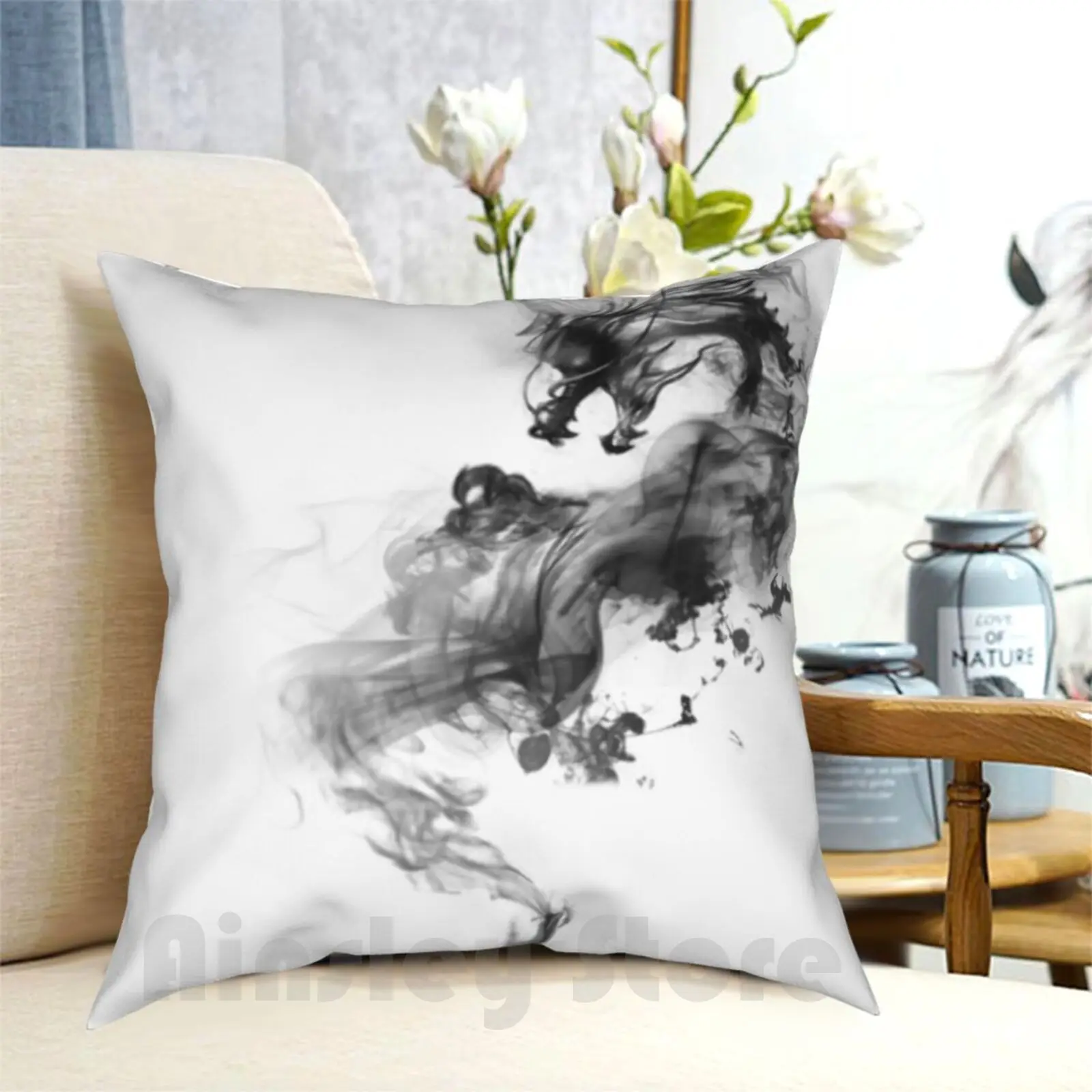 Marble Dragon Pillow Case Printed Home Soft Throw Pillow White Dark Black Dragon Fantasy Magic Magical Creature And Game