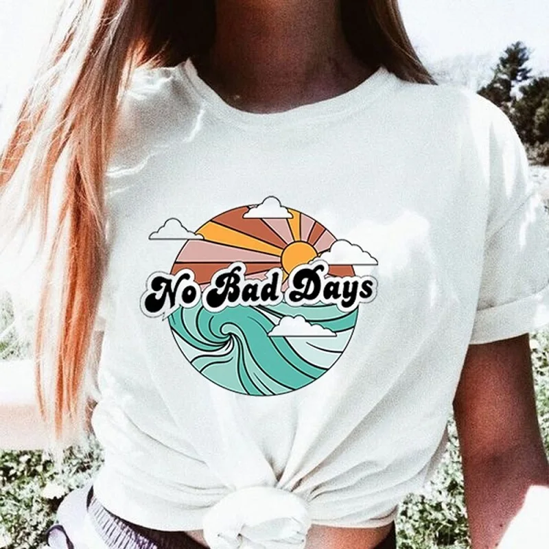 Funny Tees Beach Style Vocation No Bad Days Women's Clothing Rainbow Printing Loose Short-Sleeve Round Collar T-shirt