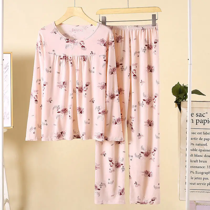 100 KG Wear Middle-Aged Elderly Sleepwear Set Loose Plus Size Print Mother Home Clothing Autumn Winter Pajamas For Women M-4XL