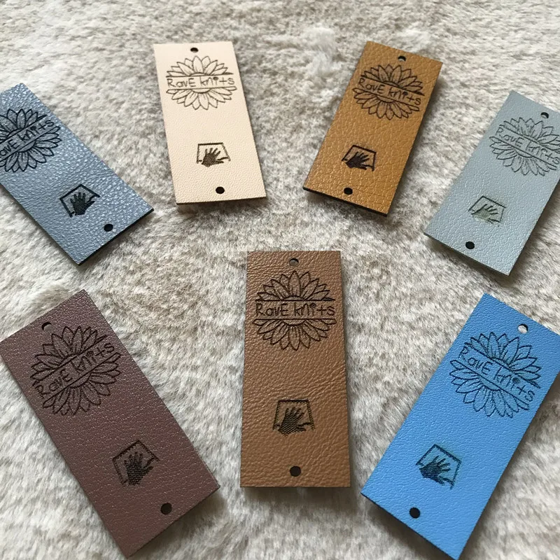 30pcs Custom sewing Handmade tags with rivets leather labels for clothes knitting with logo Center fold garment crochet label