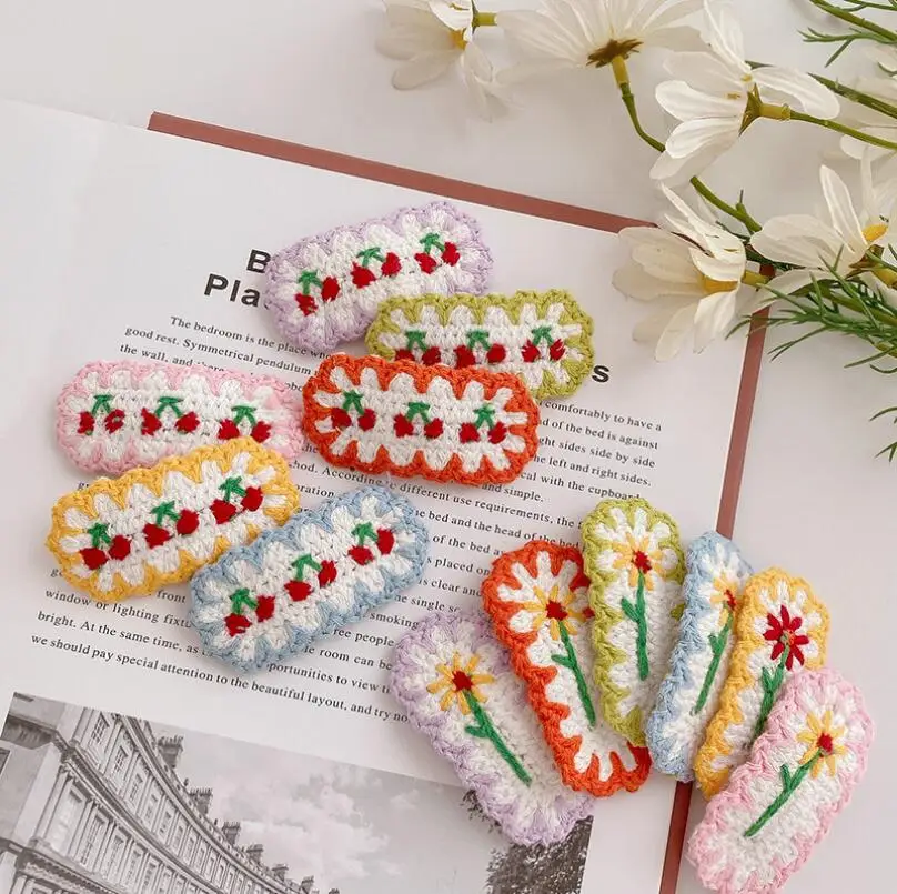 

6PCs 6Colors Children Cute Cherry Sunflower Barrettes Hairpins Girls Lovely Knitting Ornament Hair Clips Kids Hair Accessories