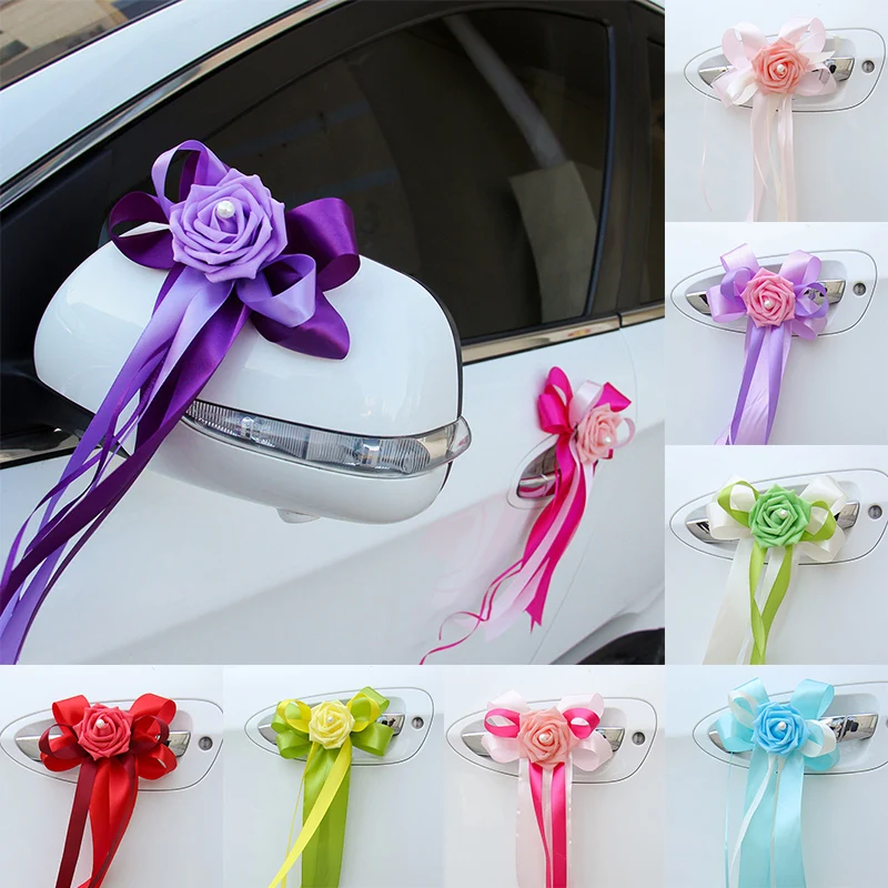 1pc 2023 Spring Wedding Car Door Handles Beautiful Party Festival Supplies Colorful Ribbon Rearview Flower Wedding Decoration