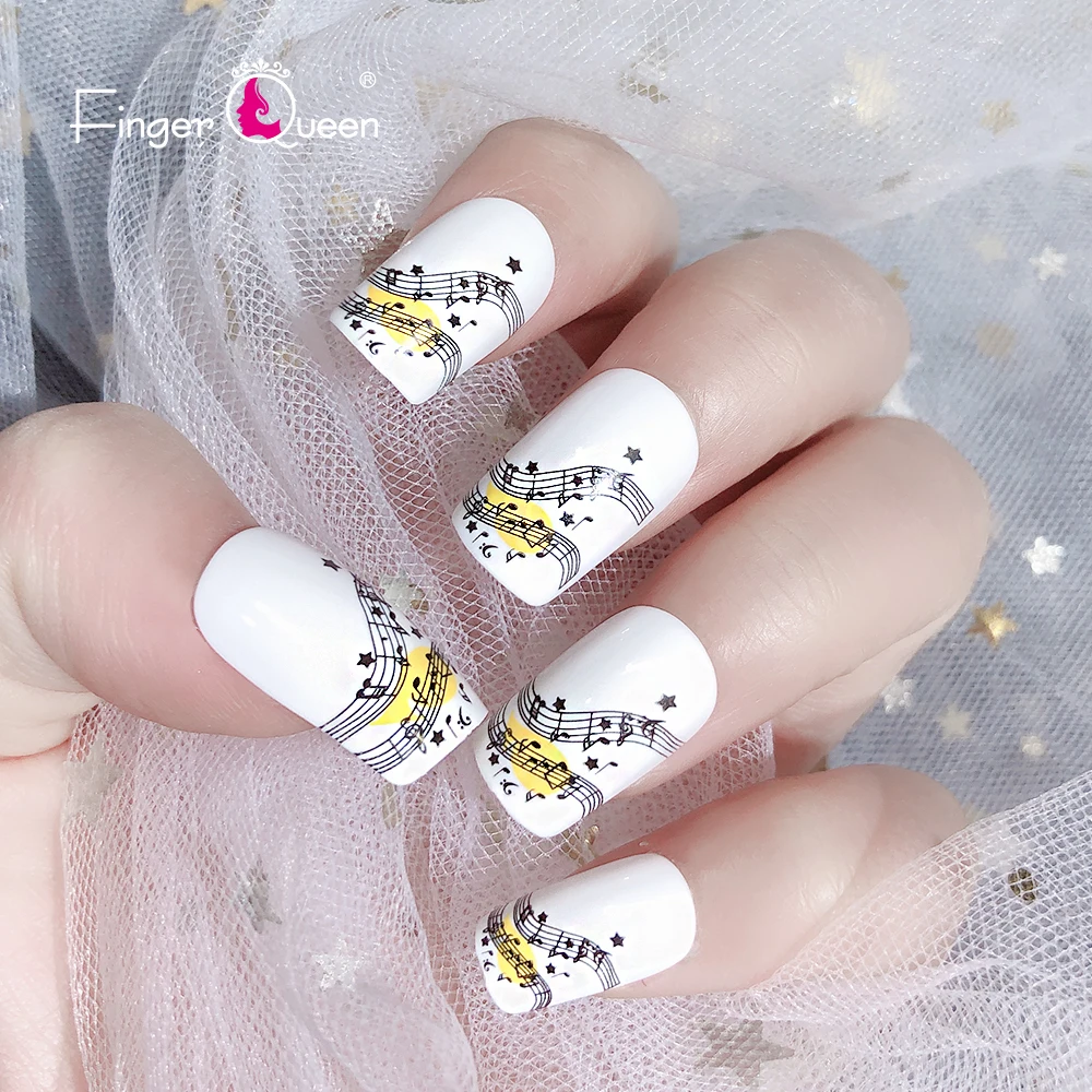 

24pcs Box White Music Symbol Fake Tips For Nails Stick-On Manicure Top Forms Fingernails Artificial With Design Press On Sticker