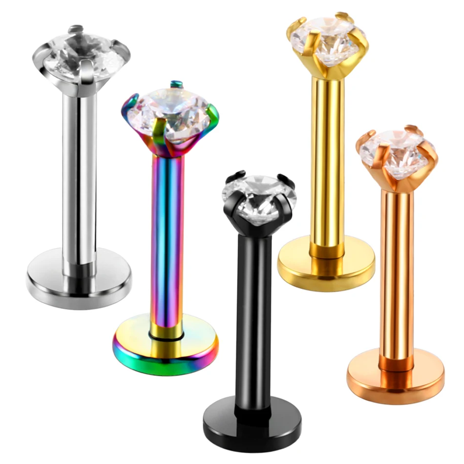 1PC Colorful Labret Lip Ring Zircon Internally Threaded Prong Gem 16G Tragus Helix Ear Piercings Earring Cartilage Women Jewelry