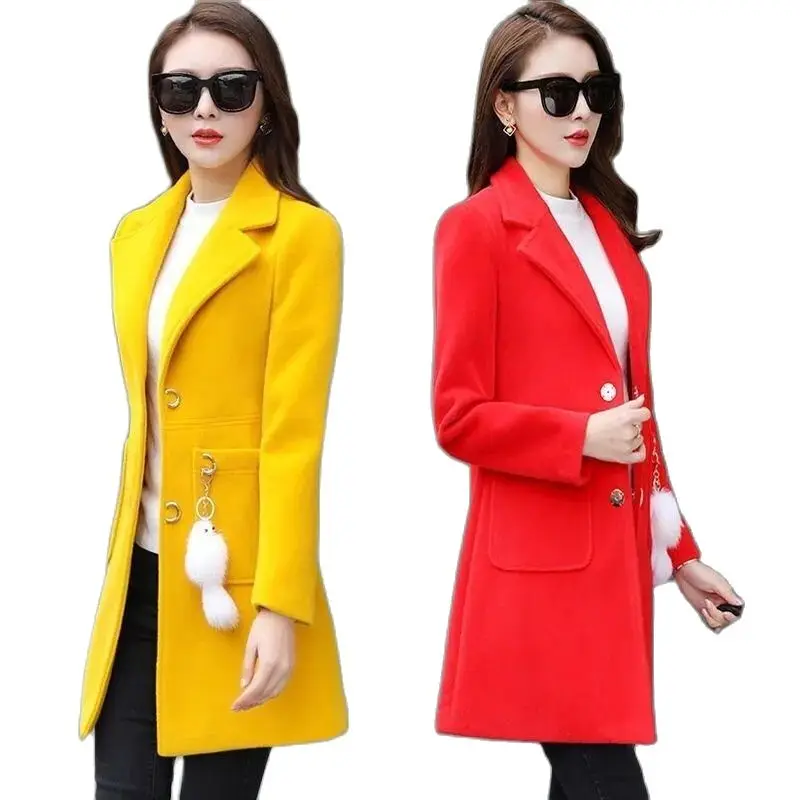 With Pendant Woolen Jacket Women's Mid-Long Korean Fashion Spring And Autumn 2022 Thicker Wool Coat Female Pink Yellow 1108