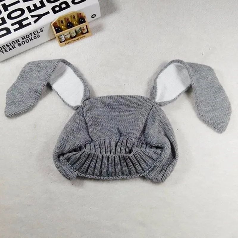 Cute Rabbit Ear Baby Hat Winter Knitted Warm Kids Cap Beanie Solid Color Infant Toddler Earflap Hats 6-24M