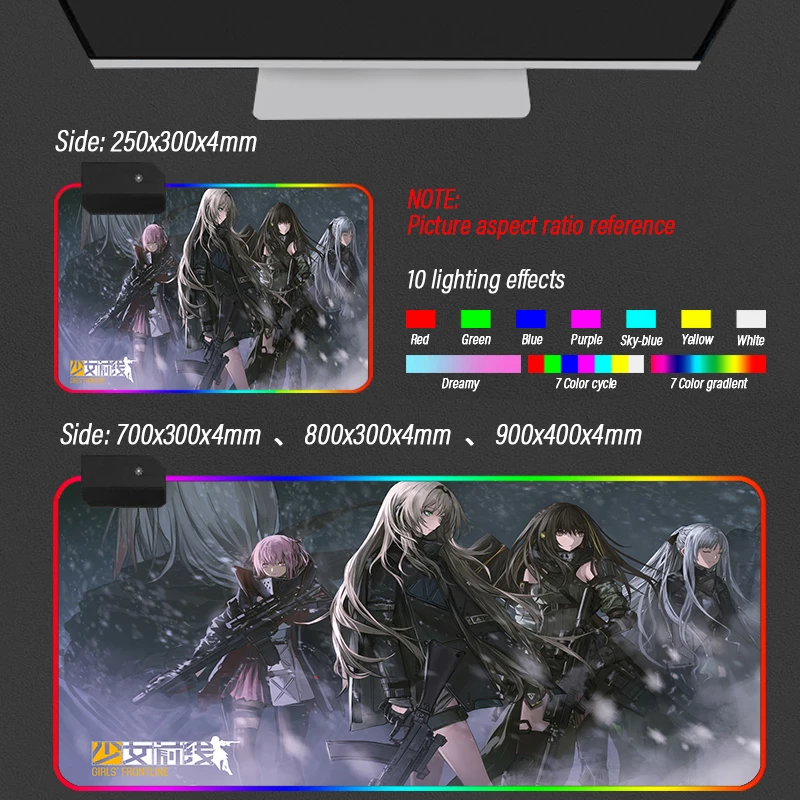 Anime Girls Frontline RGB Gaming Mouse Pad Gamer Computer Mousepad Backlit Mause Large Desk Keyboard LED Mice Mat Support DIY