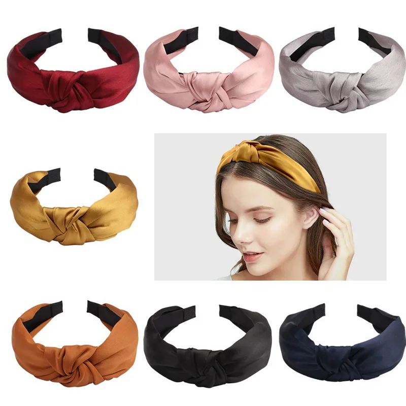 Summer Satin Headband Female  Knot Hair Hoop Solid Fashion Hair Headbands Fabric Wide Hair Clip Woman Office Hair Accessories