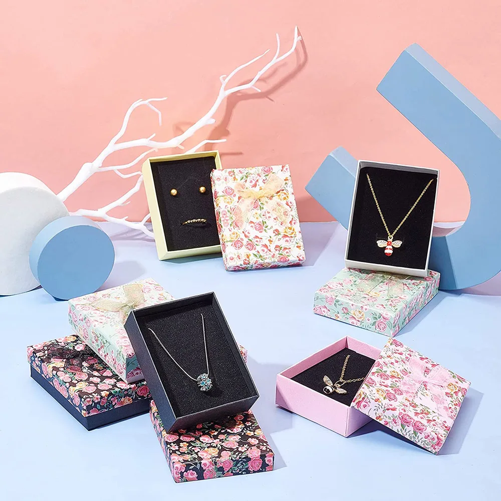 24pcs Cardboard Jewelry Gift Boxes Floral Pattern Bowknot Display Packaging Storage Case Organizer for Necklace Ring Earring Box