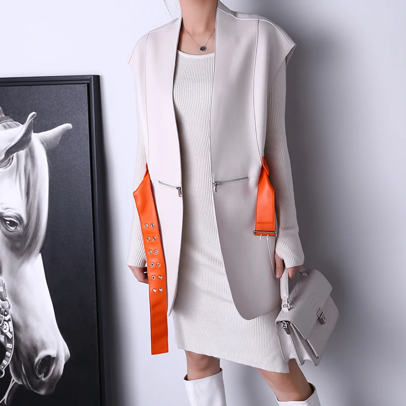 Mujer Ropa 2023 New Women Leather Silhouette Sleeveless Hit Color Vest With Belt Femme Casual Mid Length White Tops Streetwear