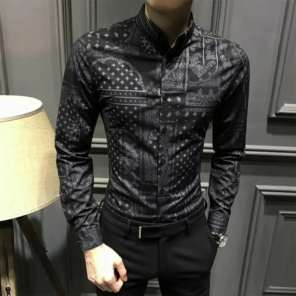 2024 autumn new men\'s handsome floral shirt Korean fashion personality long sleeve printed shirt casual slim jacket