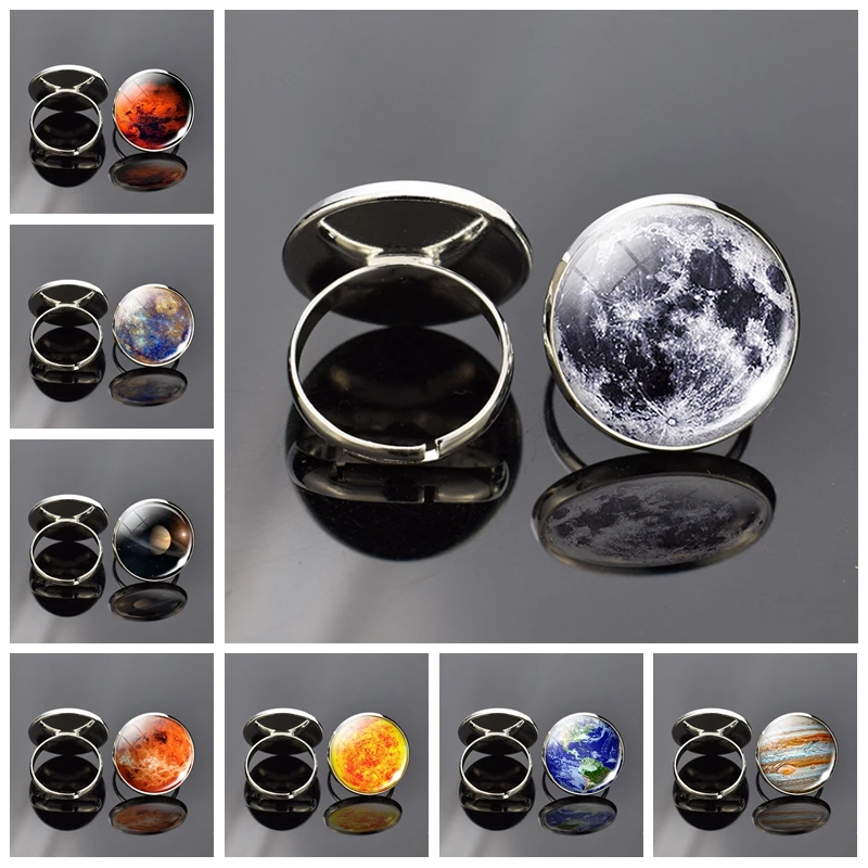 Planetary Star Ring Glass Dome Solar System Galaxy Adjustable Ring Universe Starry Sky Earth Ring Men And Women Fashion Jewelry