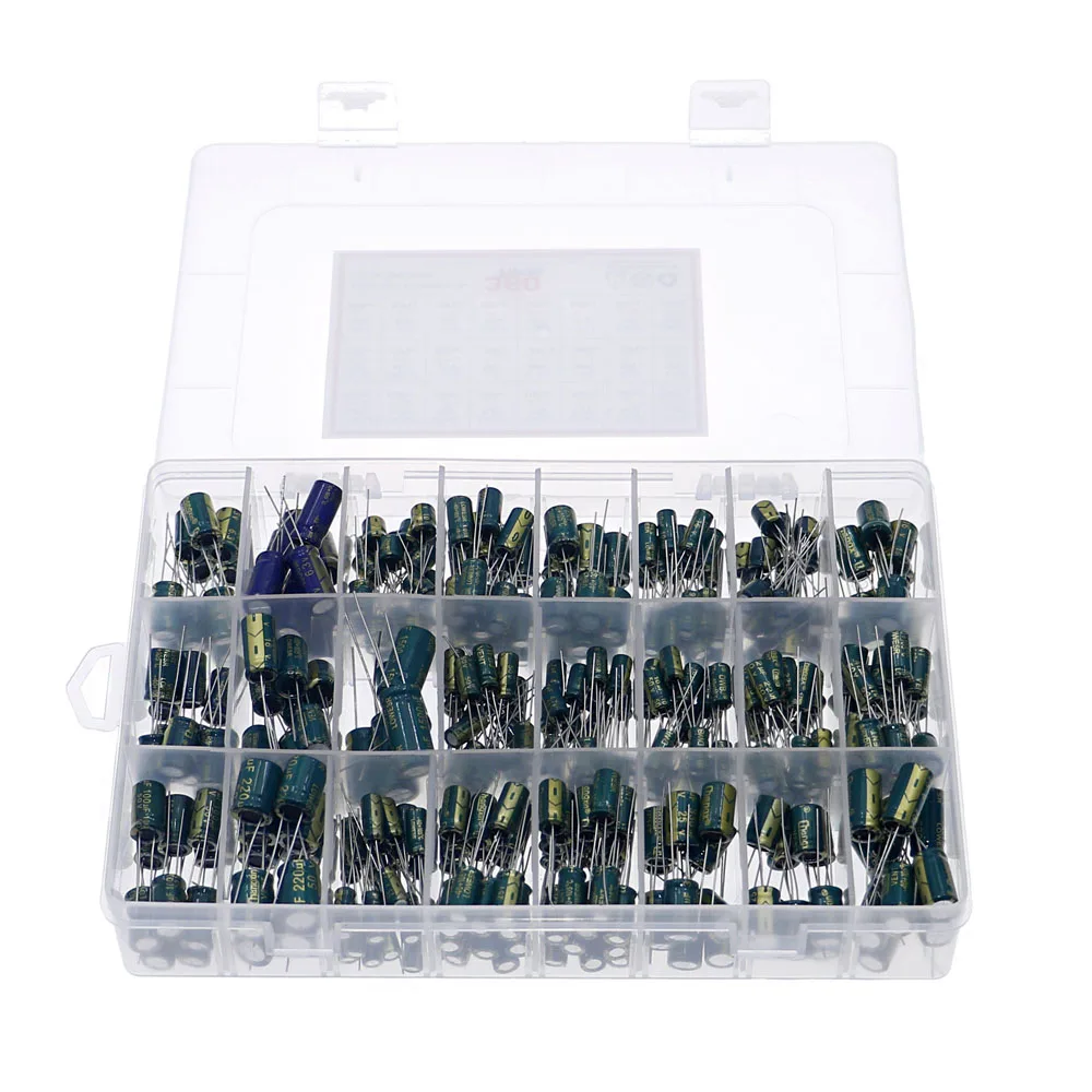 360Pcs/Box 24 Values High frequency electrolytic Capacitor Kit set 1UF-1500UF Aluminum Capacitors 6.3V-50V Low ESR