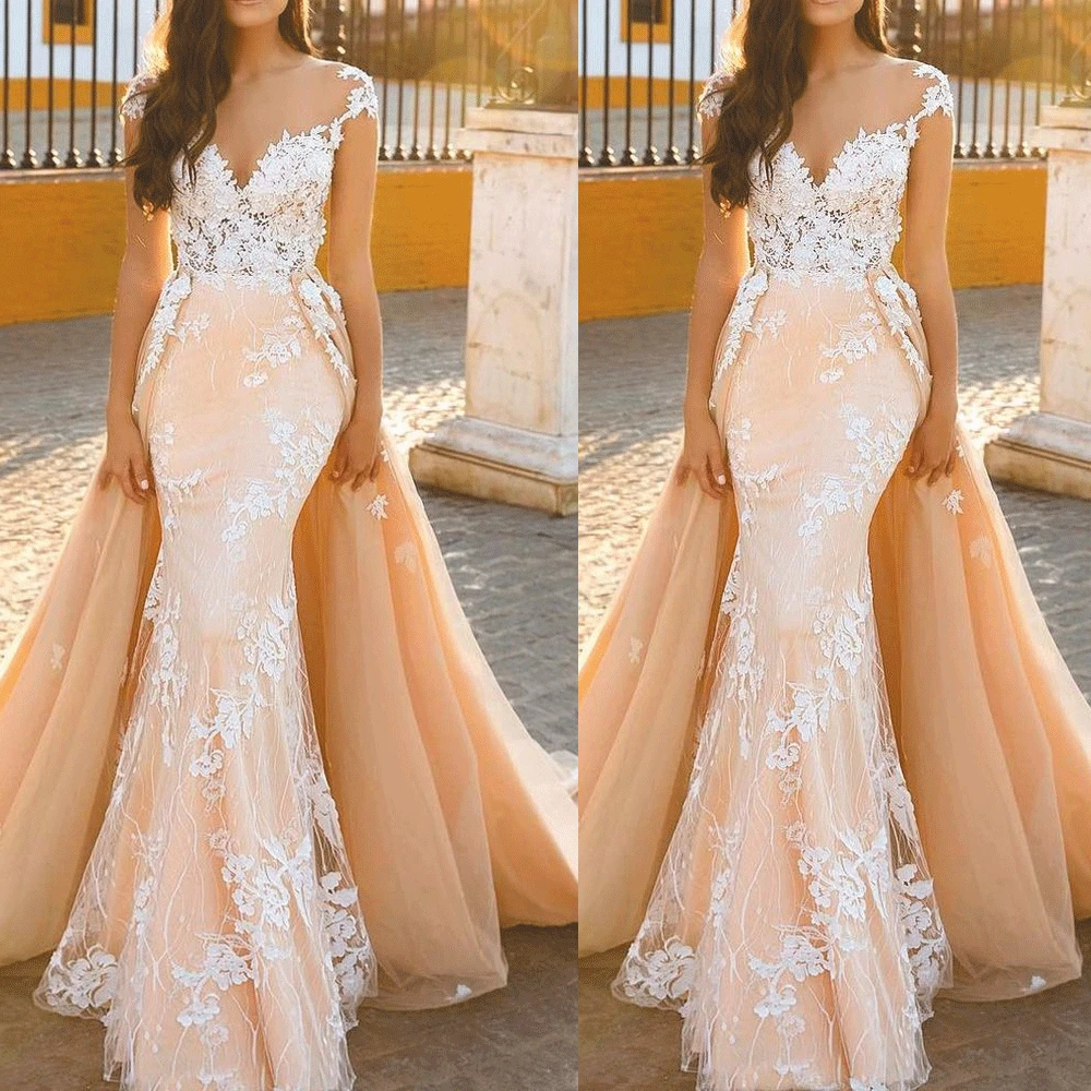 SuperKimJo Robe De Mariage Detachable Train Wedding Dresses for Bride Peach Lace Applique Elegant Boho Wedding Gowns