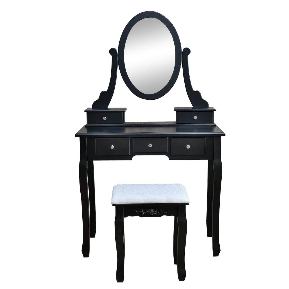 Dressers Makeup Desk 360° Rotation Single Mirror 5 Drawers Dressing Table Black