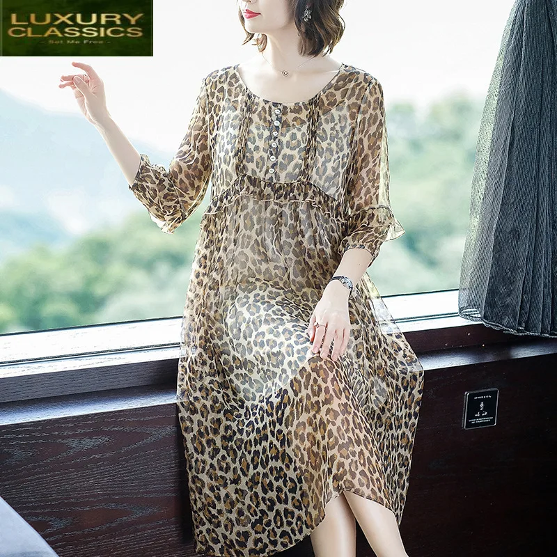 

Plus Size Summer Vintage Spring Real Silk Dress Women Clothes 2021 Elegant Leopard Print Dresses Party Vestidos Top 68889