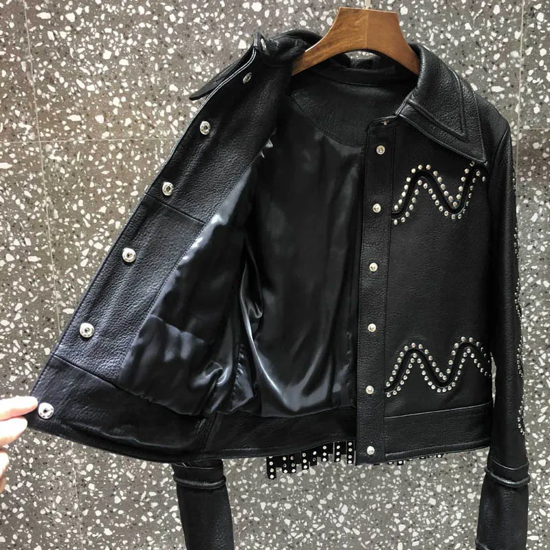 Luxury Heavy Work Rivet Tassel Real Leather Female jackets Moto Biker Single Breasted Lapel Womens Sheepskin Solid Short Coats