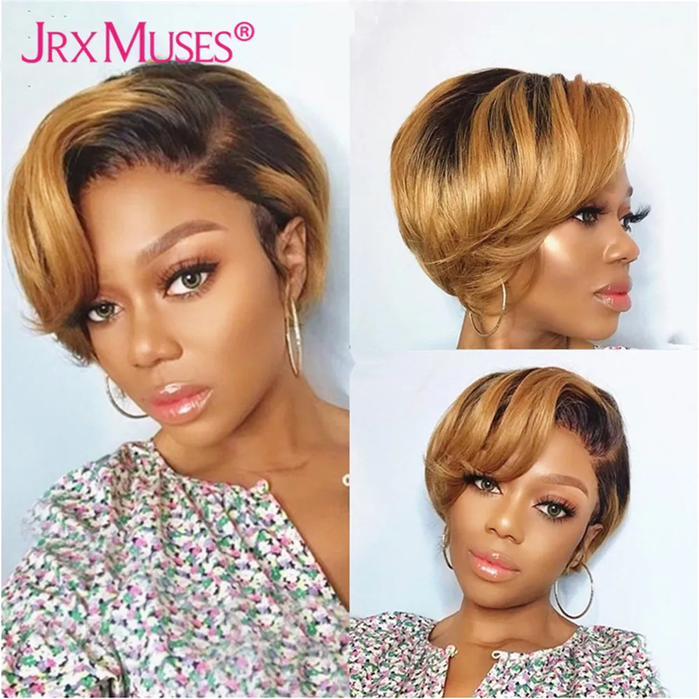 Ombre Honey Blonde Short Pixie Cut Human Hair Wigs for Women 6inches Side T Lace Part Wigs Wave Pre Plucked Brazilian Remy Hair