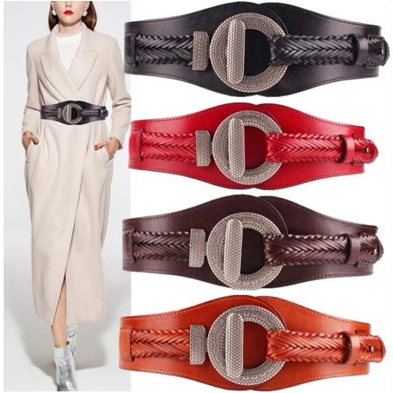 

Western Cow Leather Brided Elastic Women Cummerbund Fashion Genuine Leather Dress Sweater Down Coat Wide Women Belt