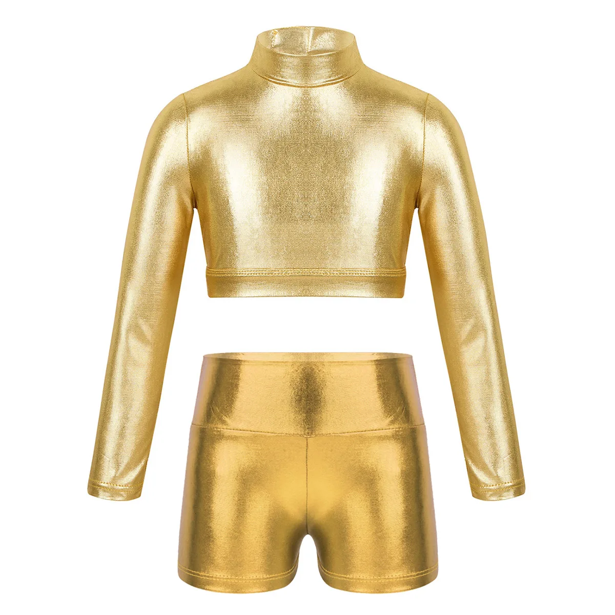 Mangas compridas Glossy Metallic Dance Costume, Adolescentes Meninas, Hip Hop Dancewear, Tops, Top Curto, Calções, Crianças, Roupa Ginástica, Rua, Jazz Dance