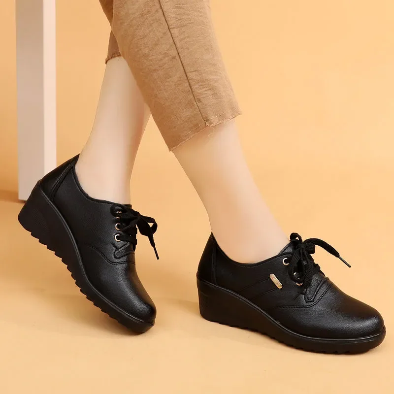 GKTINOO 2024 Spring Autumn Women\'s Leather Sneakers Platform Shoes Lady Wedge Casual Shoes Mother High Heels Lace-up Shoes