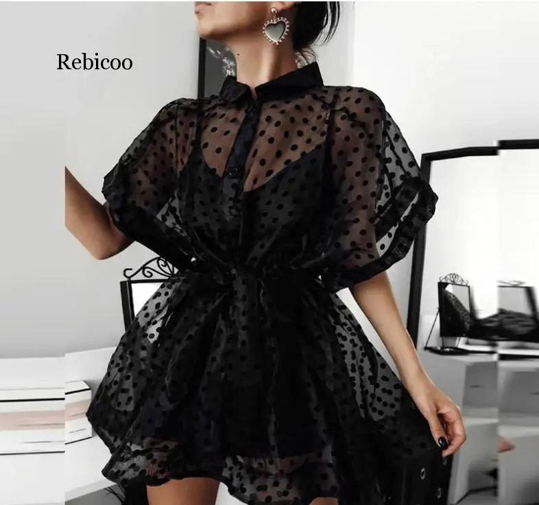 

See-through Short Sleeve Vintage Mini Dress Female Turn-down Neck Long Sleeves Lace-up Shirt Vestidos Mujer DressNew