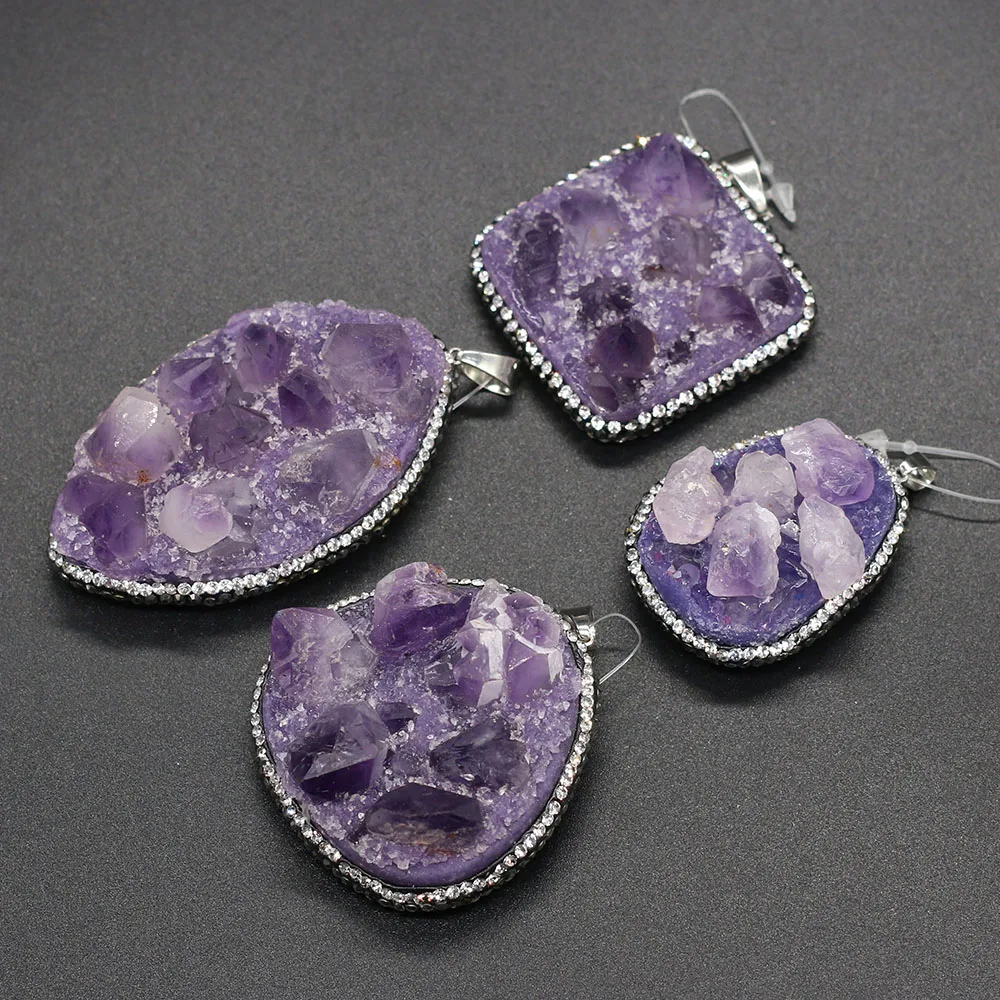 New Natural Stone Pendants Water Drop Druzy Amethysts Pendants Purple Crystal Charms for DIY Necklace Pendants Jewelry Making