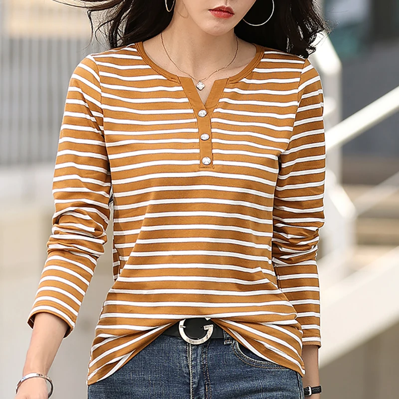 

Button Striped V Neck T Shirt Women Long Sleeve Tees Cotton T Shirts Korean Fashion Clothes Tops Tee Shirt Femme Poleras Mujer