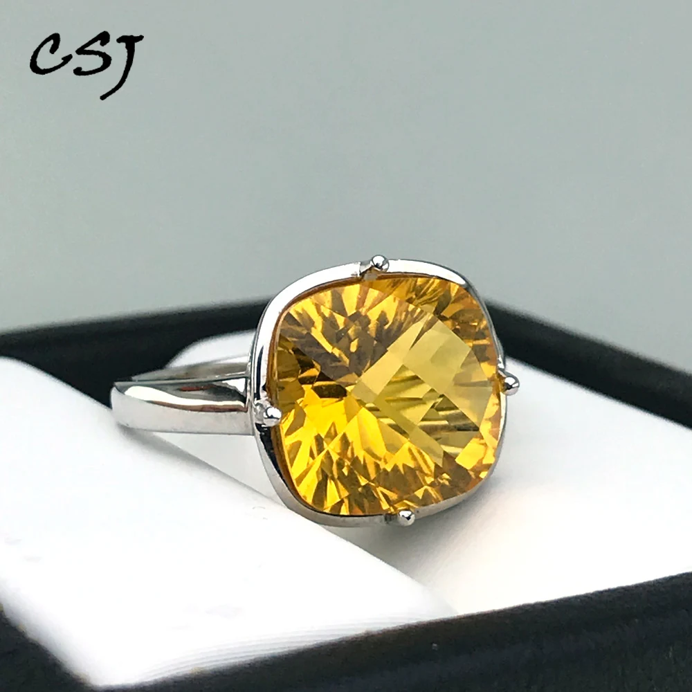 

CSJ Elegant citrine ring sterling 925 silver concave cushion cut 12mm gemstone rings fine jewelry for women girl with gift box