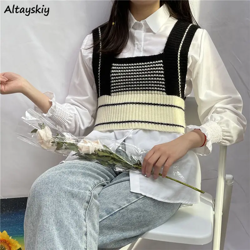 Sweater Vest Women Patchwork Spring 2021 Trendy Sleeveless Korean Style Leisure Square Collar Jumpers All-match Elegant Female