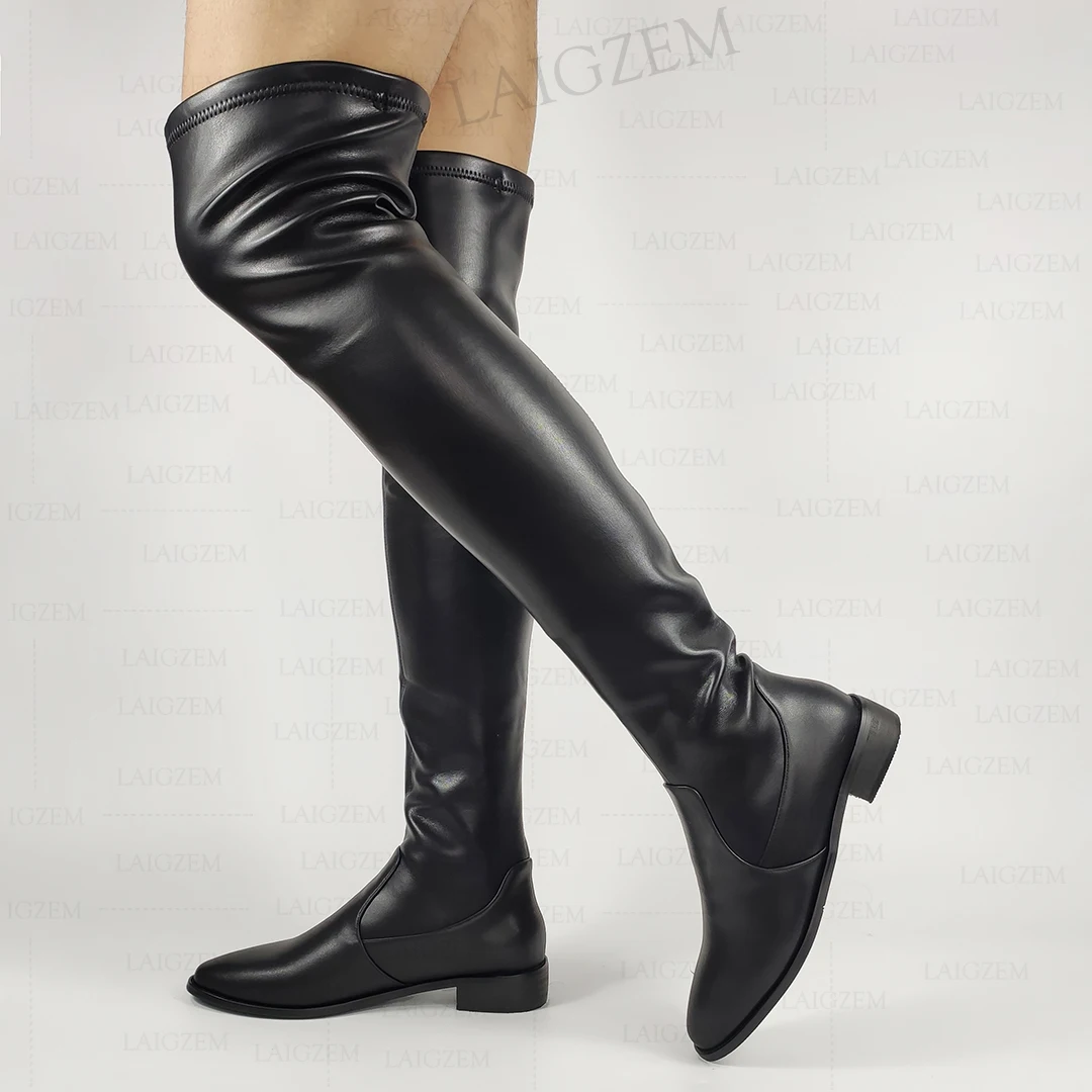 LAIGZEM Women Over Knee High Boots Pull On Leather + Stretchy Synthetic 3CM Low Heels Boots Ladies Shoes Woman Big Size 37 39 42