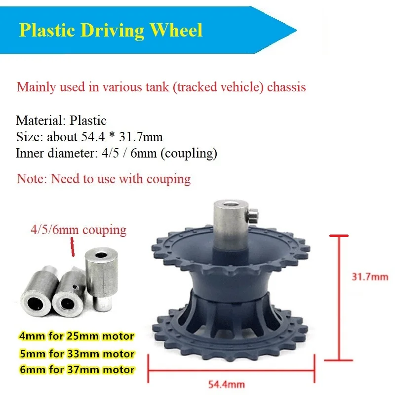 Roda motriz de plástico com acoplamento 4mm/5mm/6mm para chassi de tanque, acessórios de chassi de esteira rolante, peças diy, roda de motivo