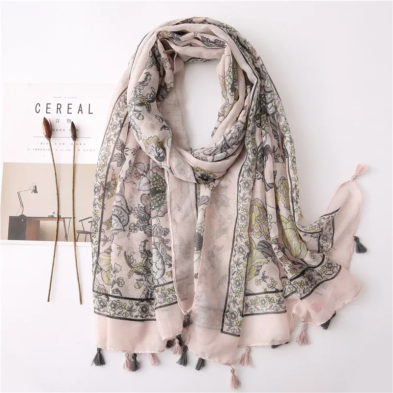 

2020 New Spring Flower Blossom Print Tassel Scarves And Shawls Beach Soft Viscose Floral Wrap Scarf Hijab Free Shipping