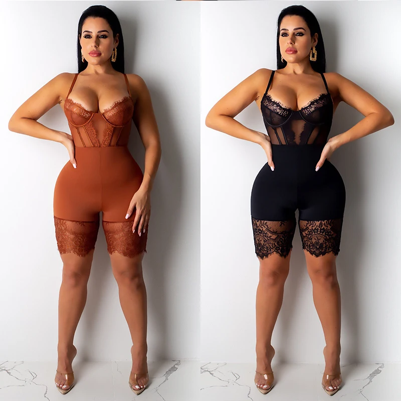 Damskie koronkowe kombinezony Sexy Backless bez rękawów 2019 dres Playsuit Sexy pajacyki kobiet kombinezon V Neck Party body